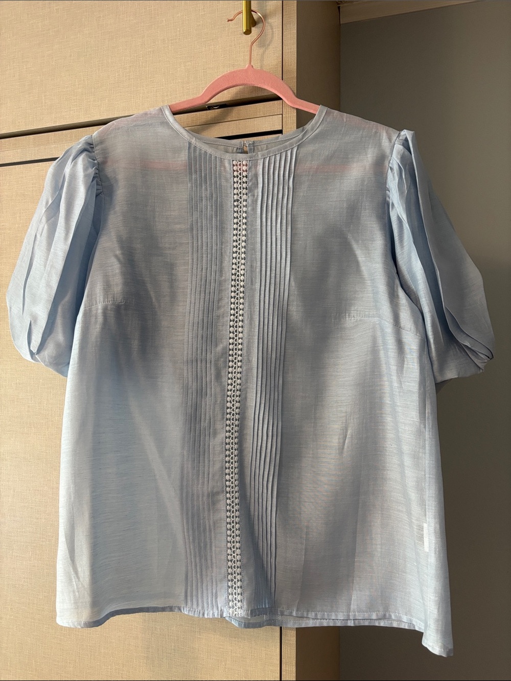 Light Blue Women's Pintuck Blouse with front lace detail.